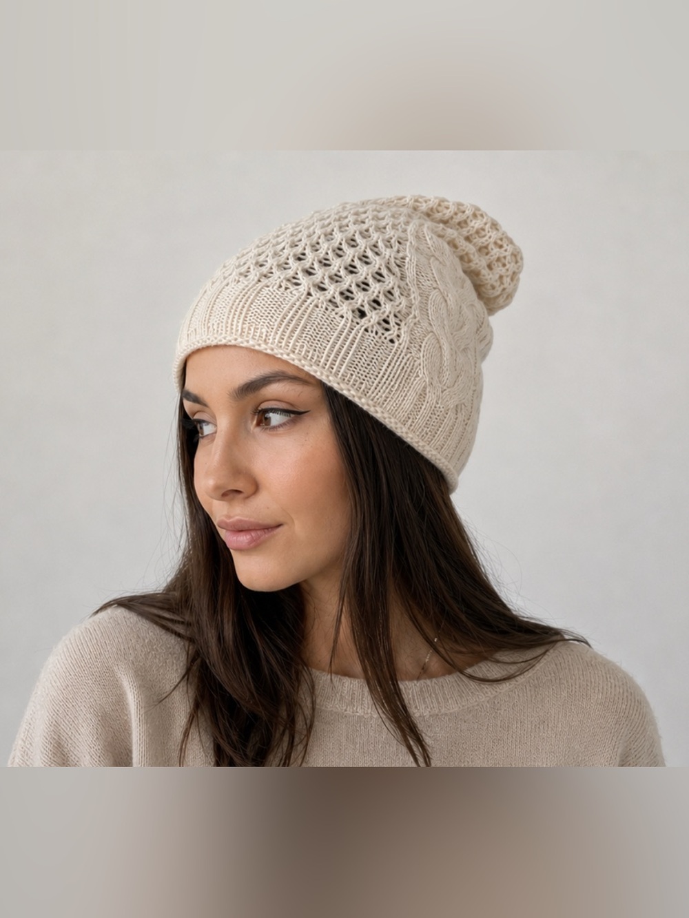 Alashan 100% Cashmere Cable & Open Knit Beanie Hat Women’s Ivory One Size